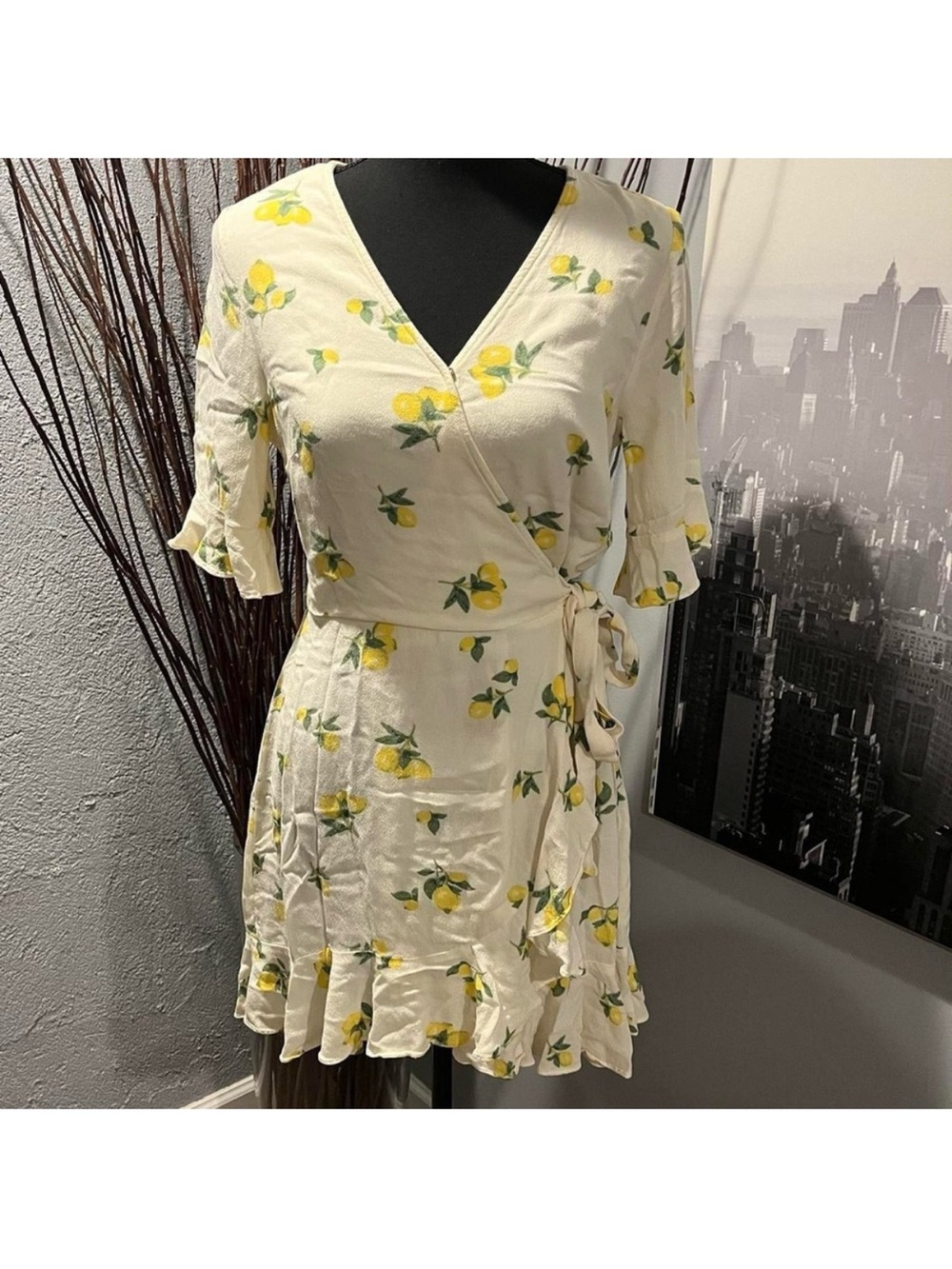 Elodie Cream Wrap Mini Dress with Yellow Lemon Print